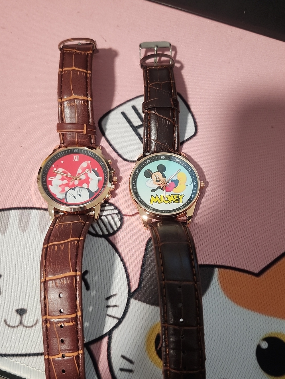 Disney Rose Gold Case Mickey and Minnie Character Watches with Brown Straps